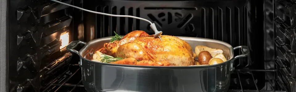photo of GE 30 inch Built-In Double Wall Oven with a turkey inside
